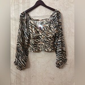 Bloom Animal Print Long Sleeve Smocked Cropped Top